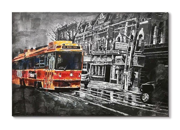 Black white Building with Color Bus - 50% Hand Painted